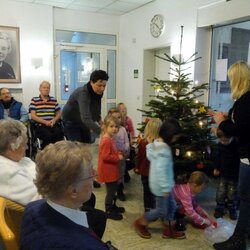 Kita Kinder schmücken den Weihnachtsbaum für Senioren