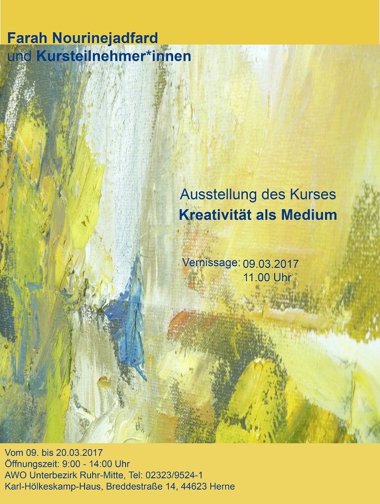 Abstrakte Ansicht in gelber und blauer Farbe - Plakat zur Ausstellung Kreativität als Medium