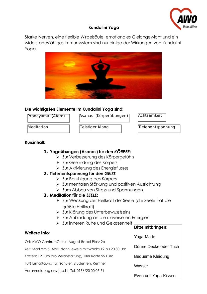 Flyer Yoga-Kurs im CentrumCultur der AWO: Text zum Kursinhalt und Bild einer Figur in Yoga-Haltung 
