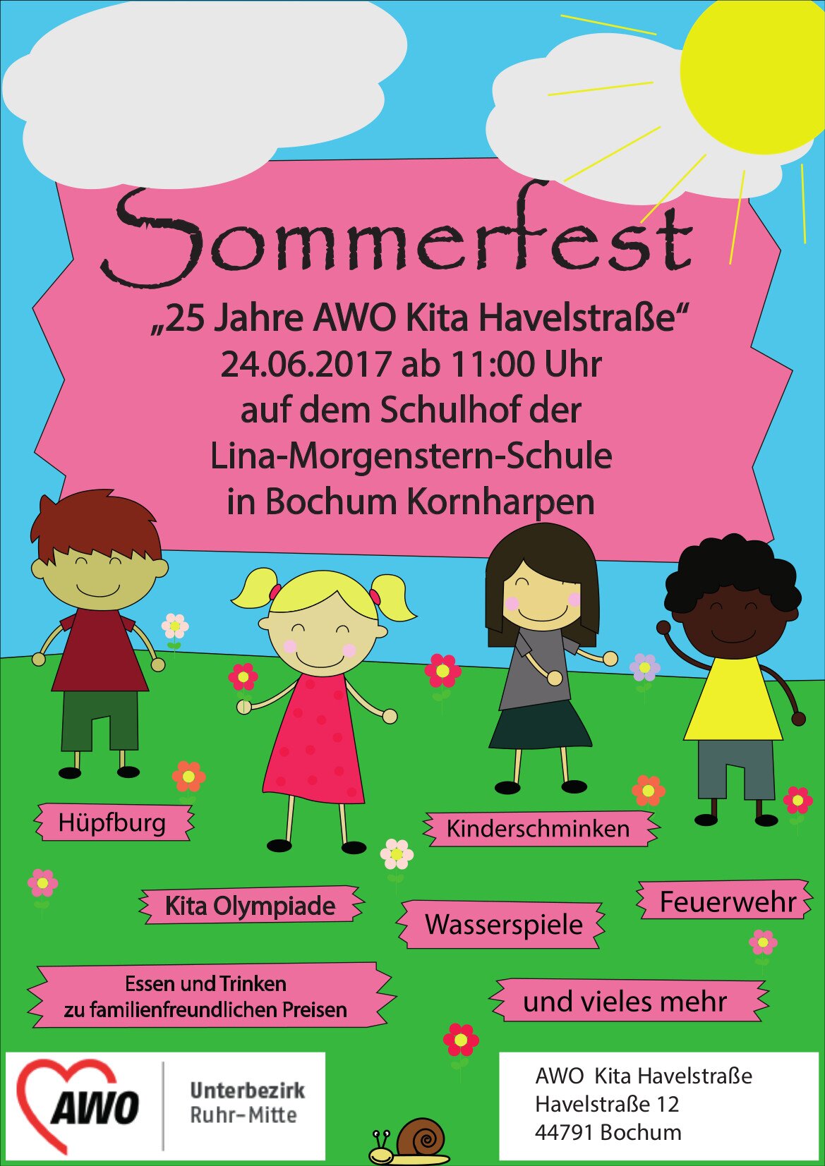 Plakat: Sommerfest und Jubiläum Kita Havelstraße - 25 Jahre. Plakative Zeichnung von Kindern auf einer Blumenwiese