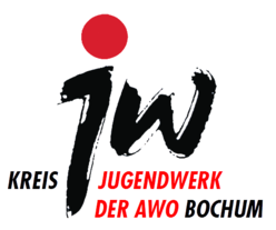 Logo AWO Kreisjugendwerk Bochum: ein großes jw in schwarz wird eingerahmt von roten und schwarzen Schriftzügen.
