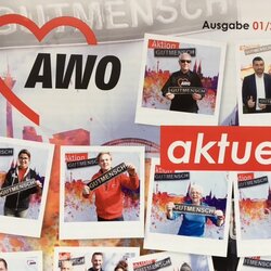 Titelbild der 1. Ausgabe 2017 - AWO aktuell zeigt Fotos von Menschen mit dem Schild "Gutmensch".