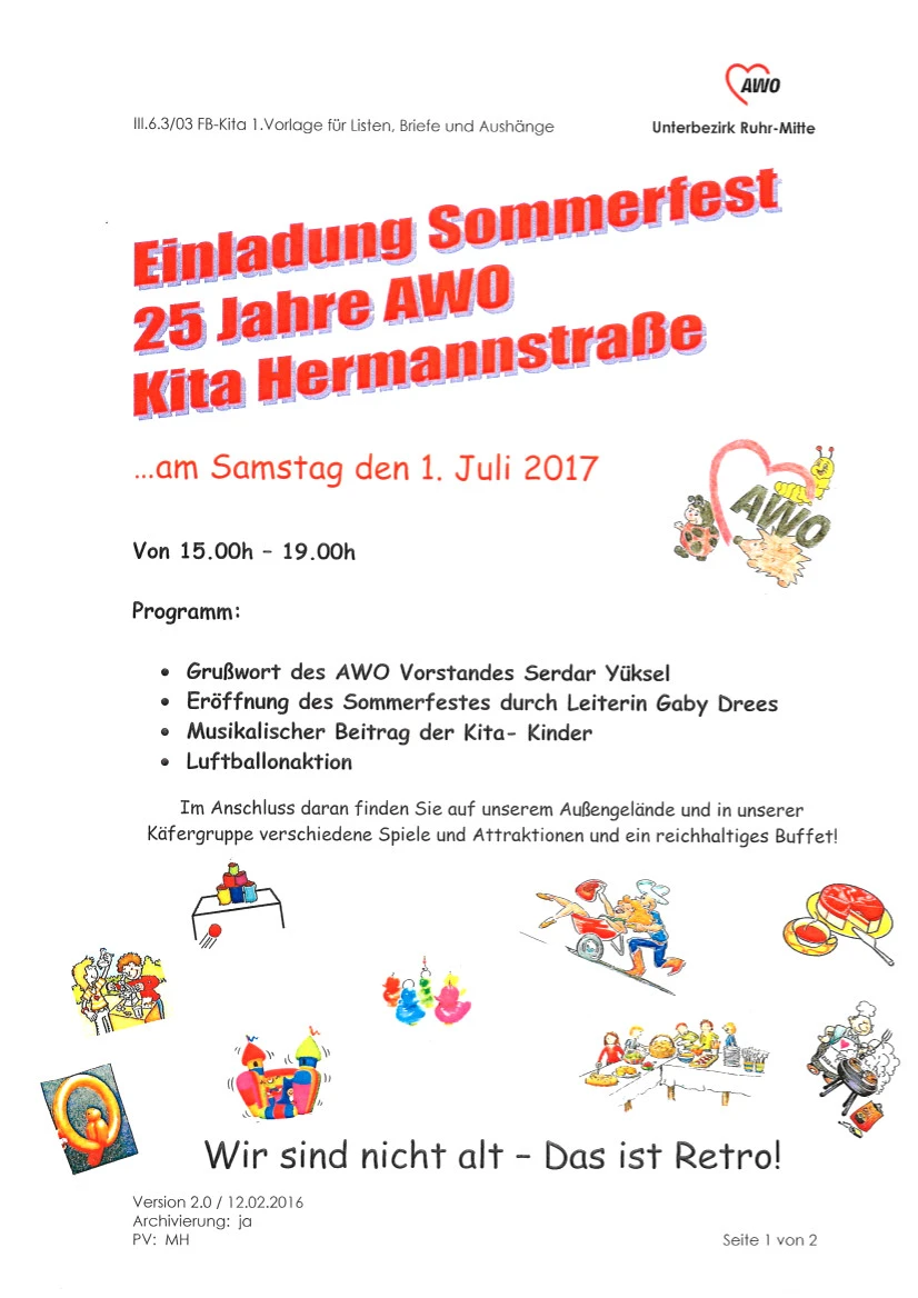 Einladung zum 25jährigen Jubiläum der Kita Hermannstraße - 01. Juli 2017, 15:00 Uhr, Programmablauf als Text und Bilder vom Angebot