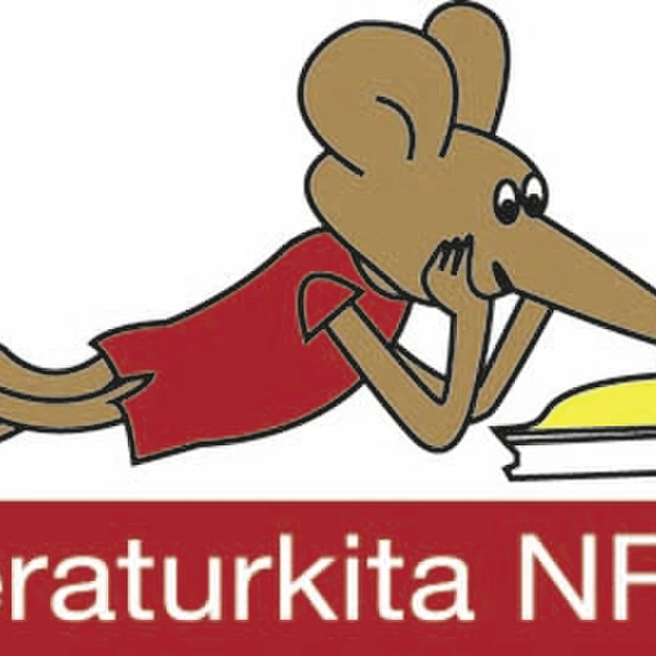 Logo Literaturkita - Zeichnung einer Maus, die auf dem Bauch liegend in einem Buch liest