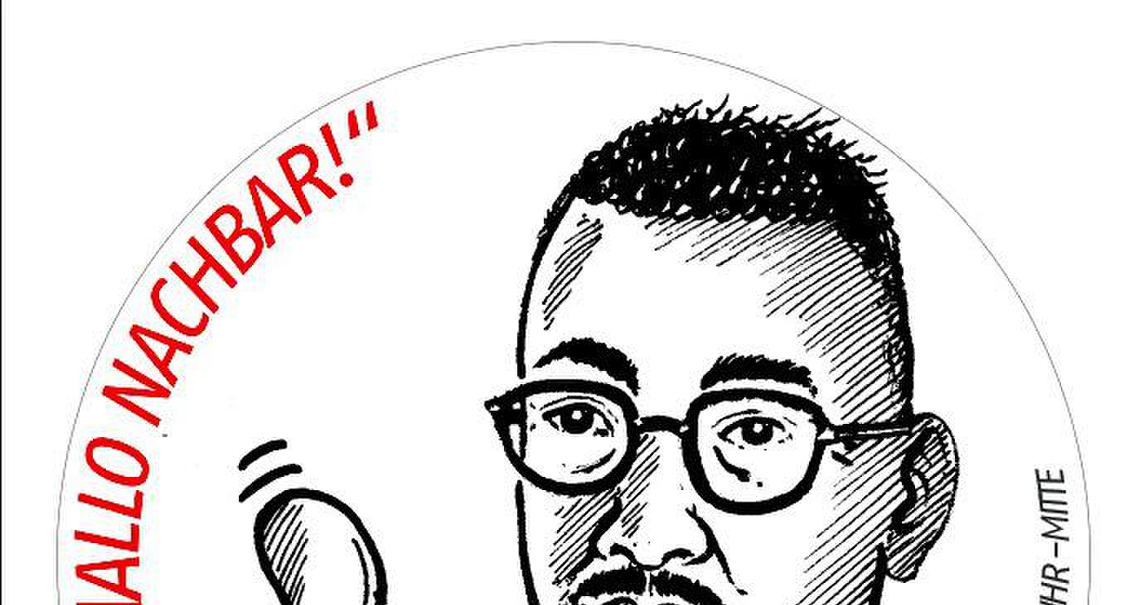 Karikaturistische Zeichnung des Fußballers Boateng, Schriftzug Hallo Nachbar