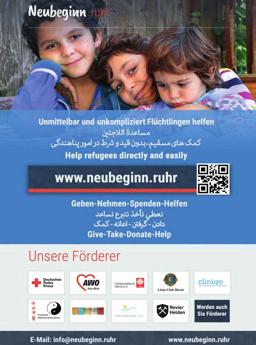 Mehrsprachiges Informationsplakat zum Helfer- und Flüchtlings-Portal neubeginn.ruhr.
