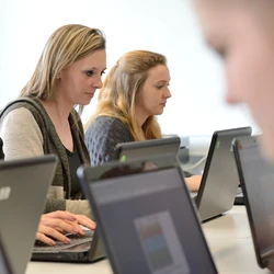 Schülerinnen arbeiten an ihren Laptops