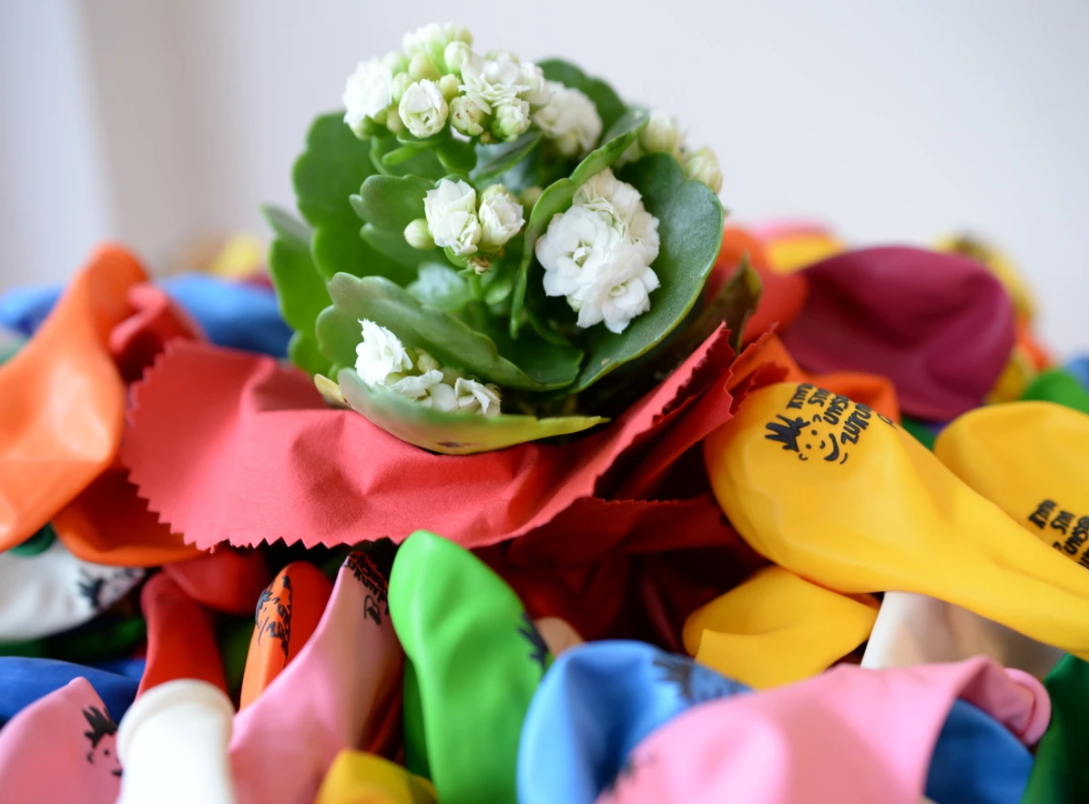 Ein Blumenstrauß zwischen Luftballons