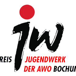 Logo AWO Kreisjugendwerk Bochum: ein großes jw in schwarz wird eingerahmt von roten und schwarzen Schriftzügen.