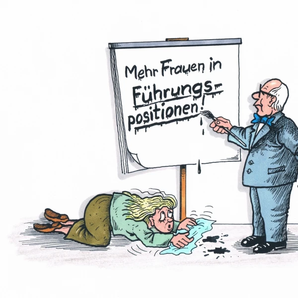 Karikatur zu Frauen in Führungspositionen: Ein Mann pinnt den Text an und eine Frau wischt die Farbklekse auf.