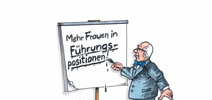 Karikatur zu Frauen in Führungspositionen: Ein Mann pinnt den Text an und eine Frau wischt die Farbklekse auf.