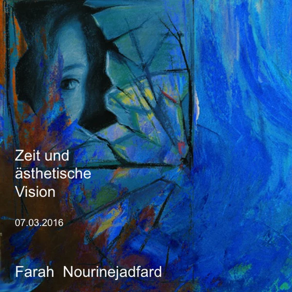 Ankündigungsplakat einer Ausstellung für Malerei: Blauer Farbhintergrund und Teilansicht eines Frauengesichtes