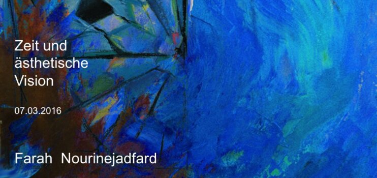 Ankündigungsplakat einer Ausstellung für Malerei: Blauer Farbhintergrund und Teilansicht eines Frauengesichtes