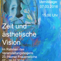 Ausstellungsplakat: Zeit und ästhetische Vision. Blauer Farbhintergrund und Teilansicht eines Frauengesichtes.